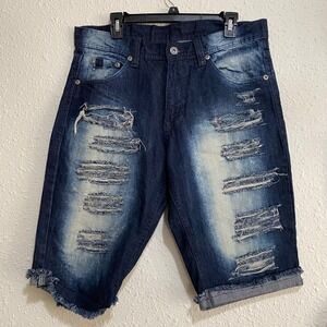 South Pole Men's Distressed Ripped Denim Shorts 32 Blue Frayed Hem Casual Summer